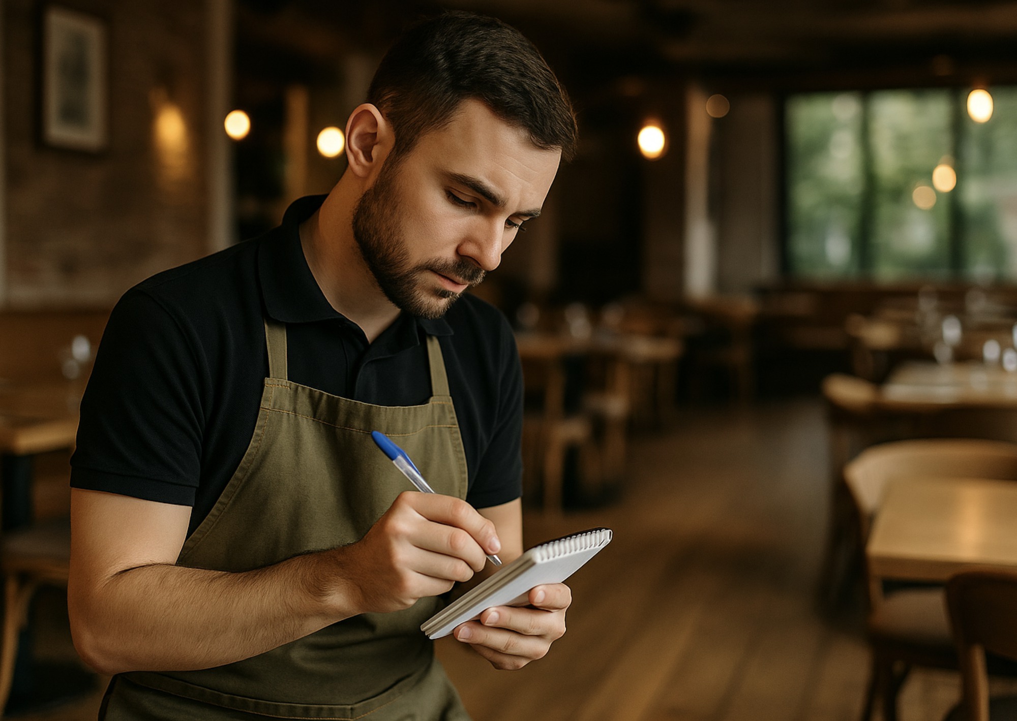 Camarero escribiendo pedidos en una libreta